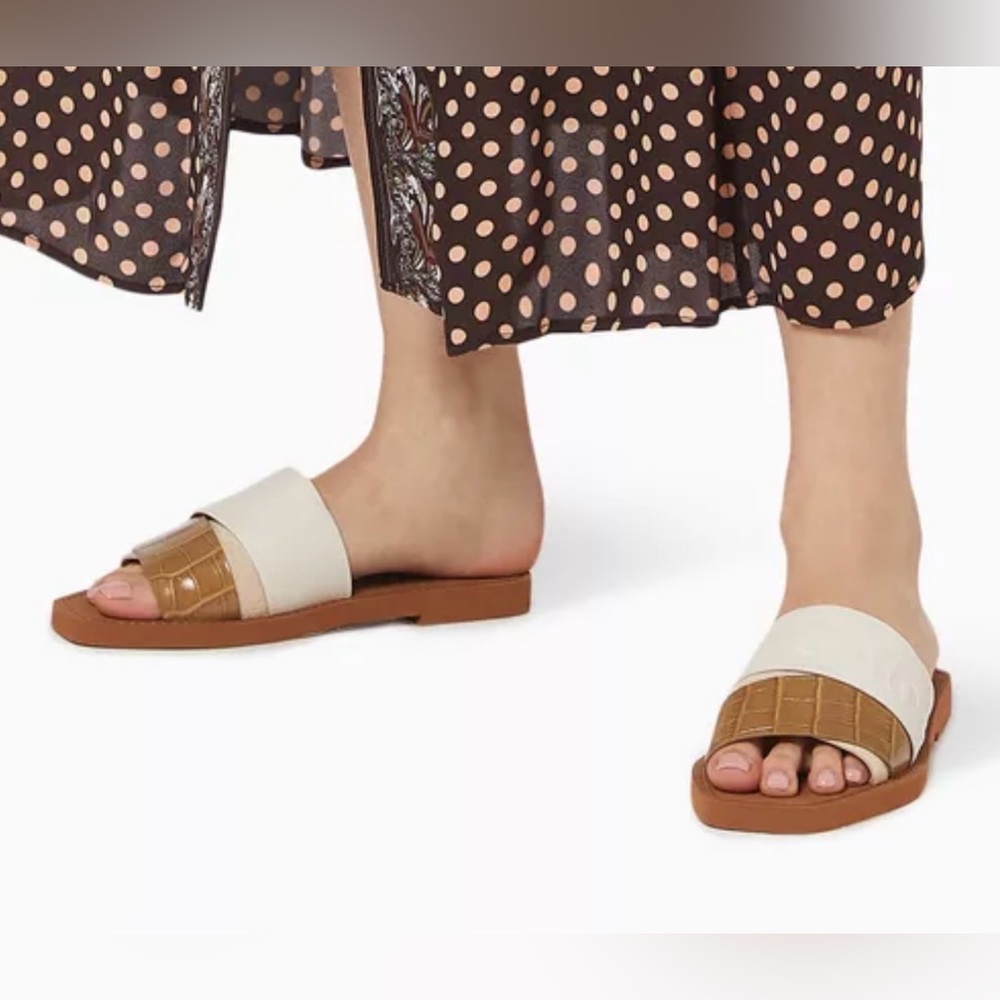 Chloe Safari Woody Logo Leather Flat Mule Sandal 40/ 10 AUTHENTIC Shoes